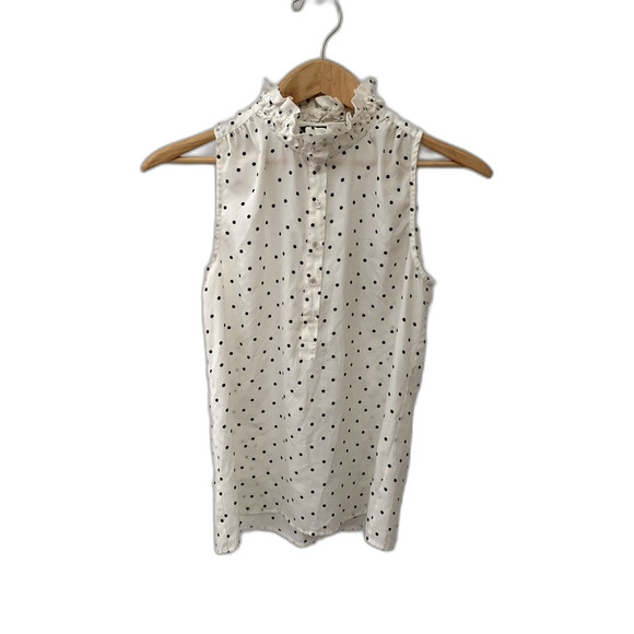J. Crew Ivory Black Dots Silky Ruffleneck Sleeveless Button Front Blouse Size 0 - Picture 1 of 9